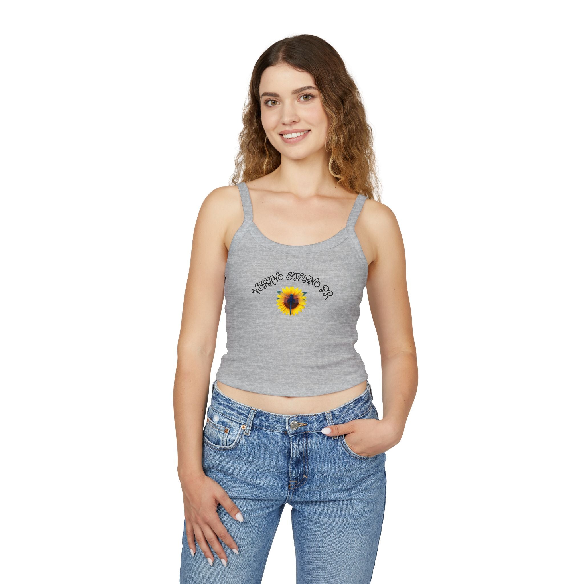 Verano Eterno Puerto Rico Women's Strap Crop Sunflower — Women’s Spaghetti Strap Crop