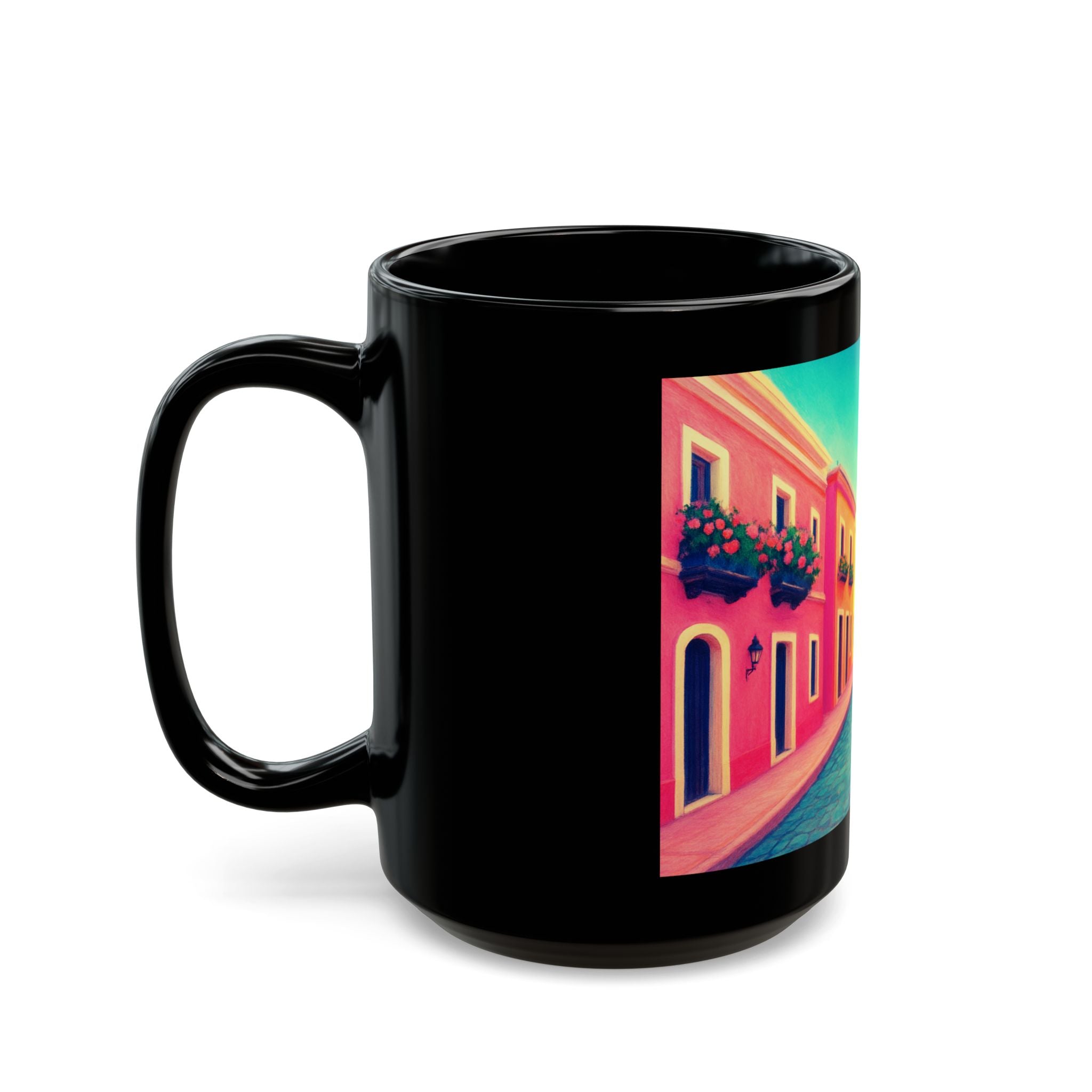 Caribbean Themed Black Ceramic Mug — Scenic Coffee Teacup (11oz, 15oz)