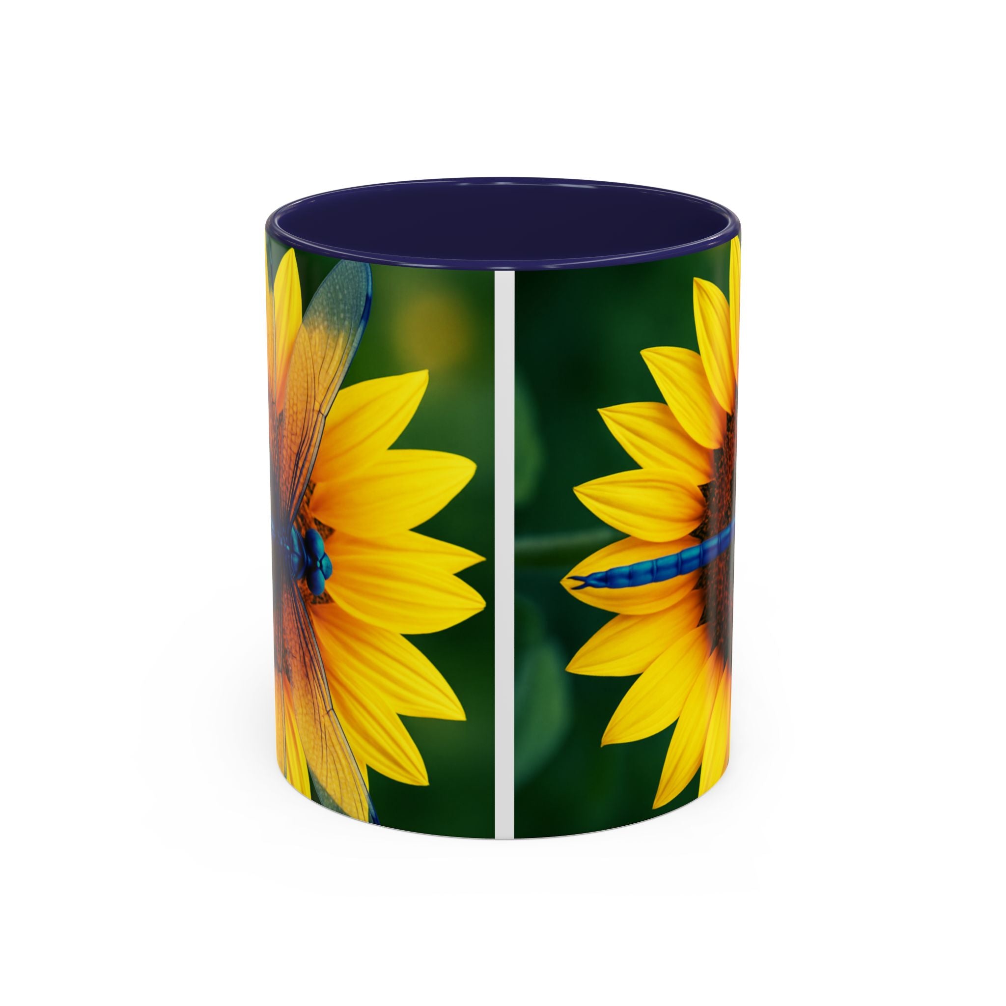 Sunflower & Dragonfly Accent Coffee Mug — Bright Floral Tea Cup (11/15oz)
