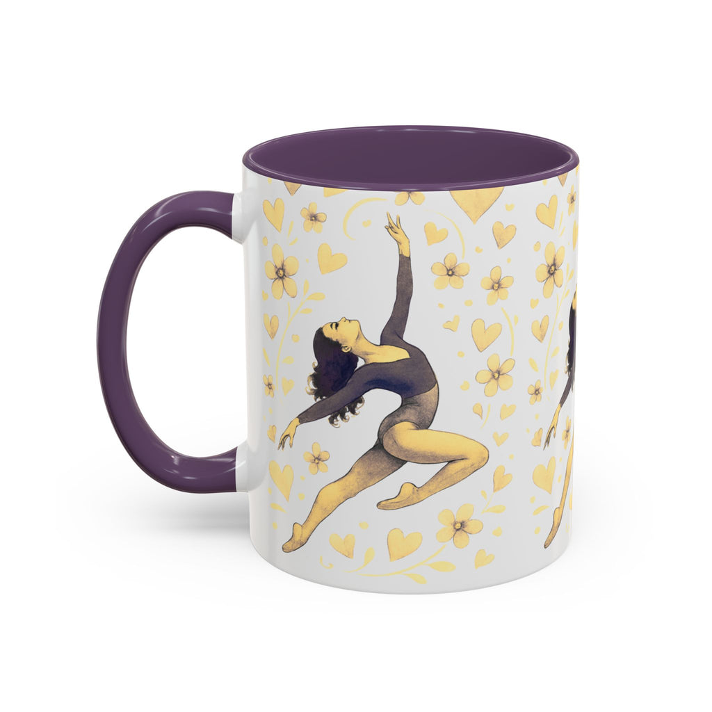 Ballet Dancer Accent Mug – Gold Hearts & Flowers Ceramic Coffee Cup (11/15oz)