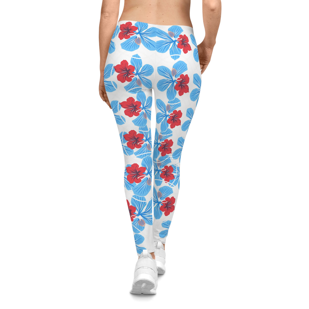 Tropical Floral Leggings — Blue & Red Hibiscus Allover Print