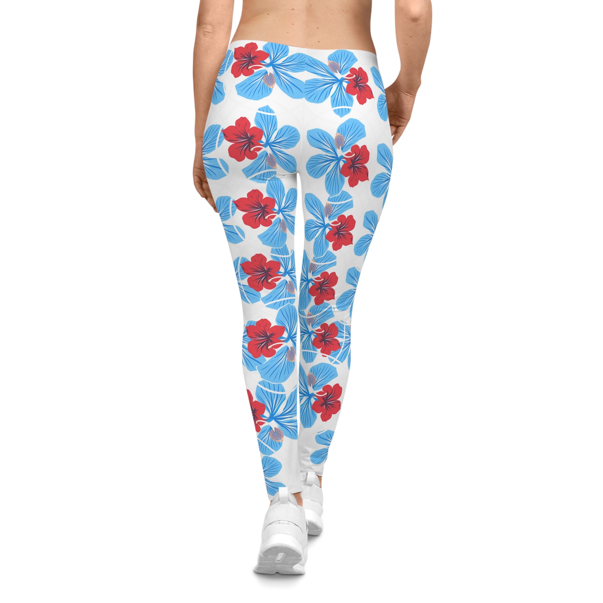 Tropical Floral Leggings — Blue & Red Hibiscus Allover Print