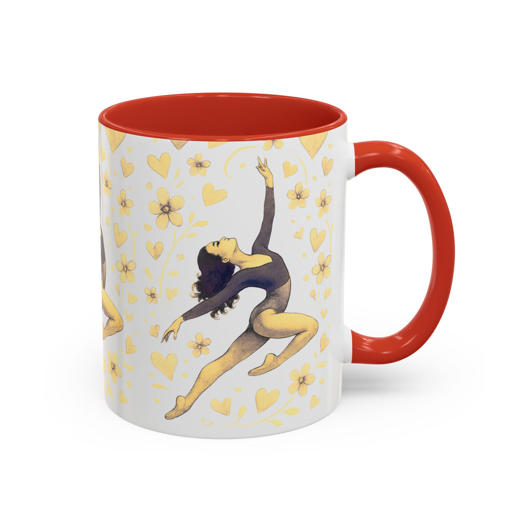 Ballet Dancer Accent Mug – Gold Hearts & Flowers Ceramic Coffee Cup (11/15oz)