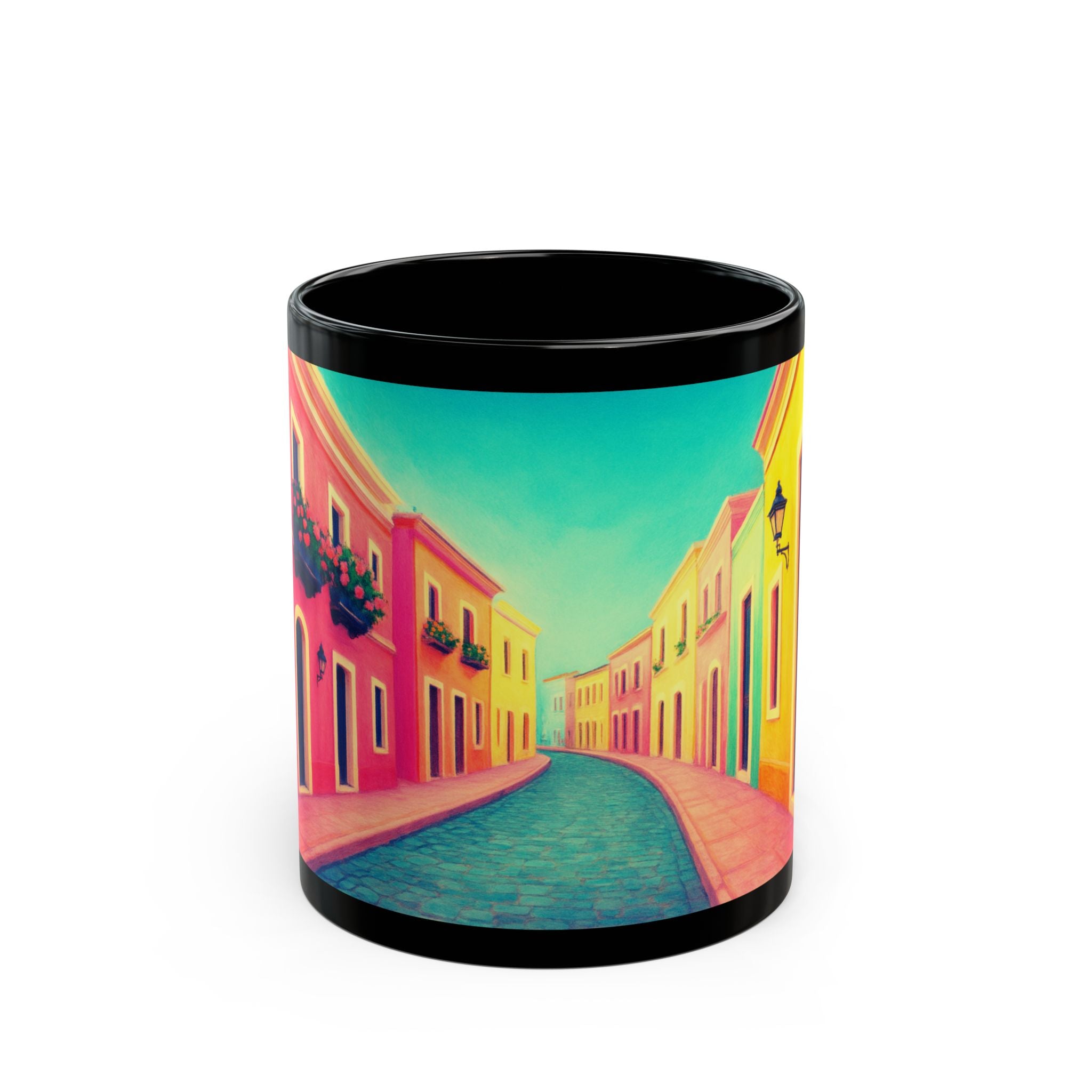 Caribbean Themed Black Ceramic Mug — Scenic Coffee Teacup (11oz, 15oz)