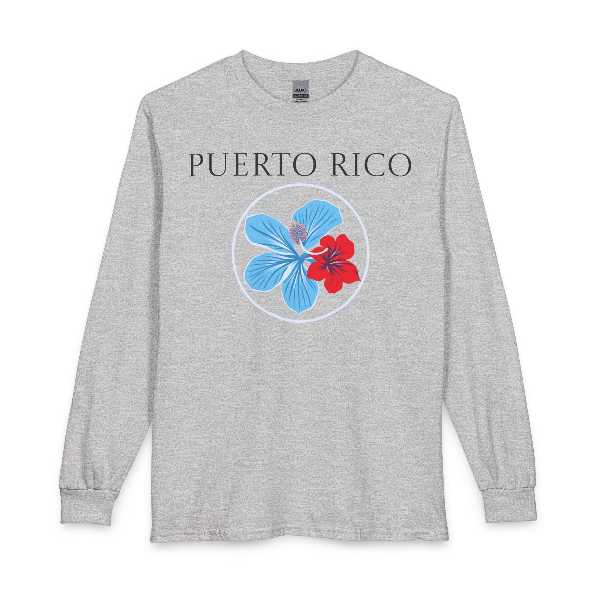 Red, White and "Azure" Blue Hibiscus Long Sleeve T-Shirt | Puerto Rico Love