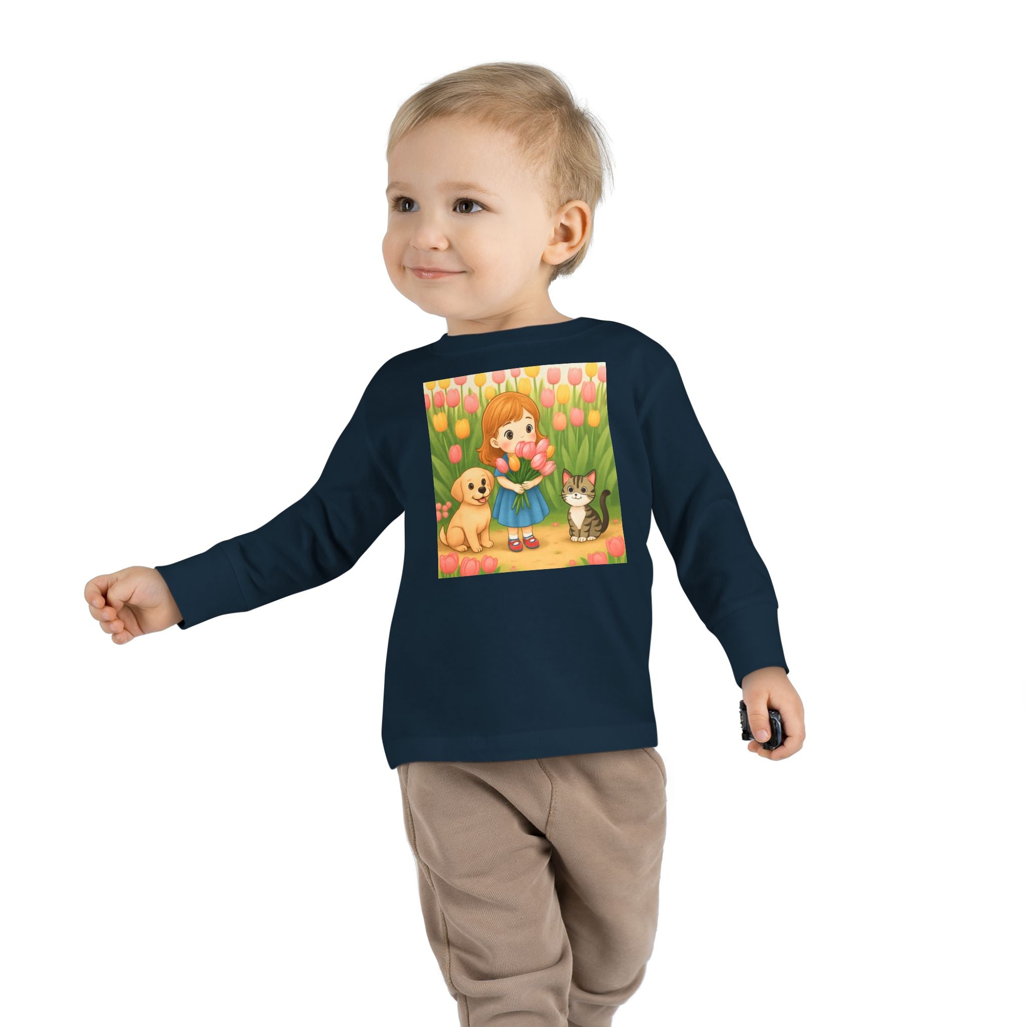 Toddler Long Sleeve Tee — Spring Cat and Dog Graphic