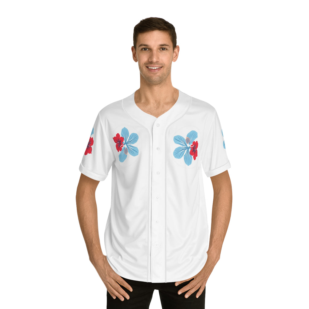 Puerto Rico Floral Baseball Jersey — "Azure" Blue and Red Tropical Hibiscus Jersey