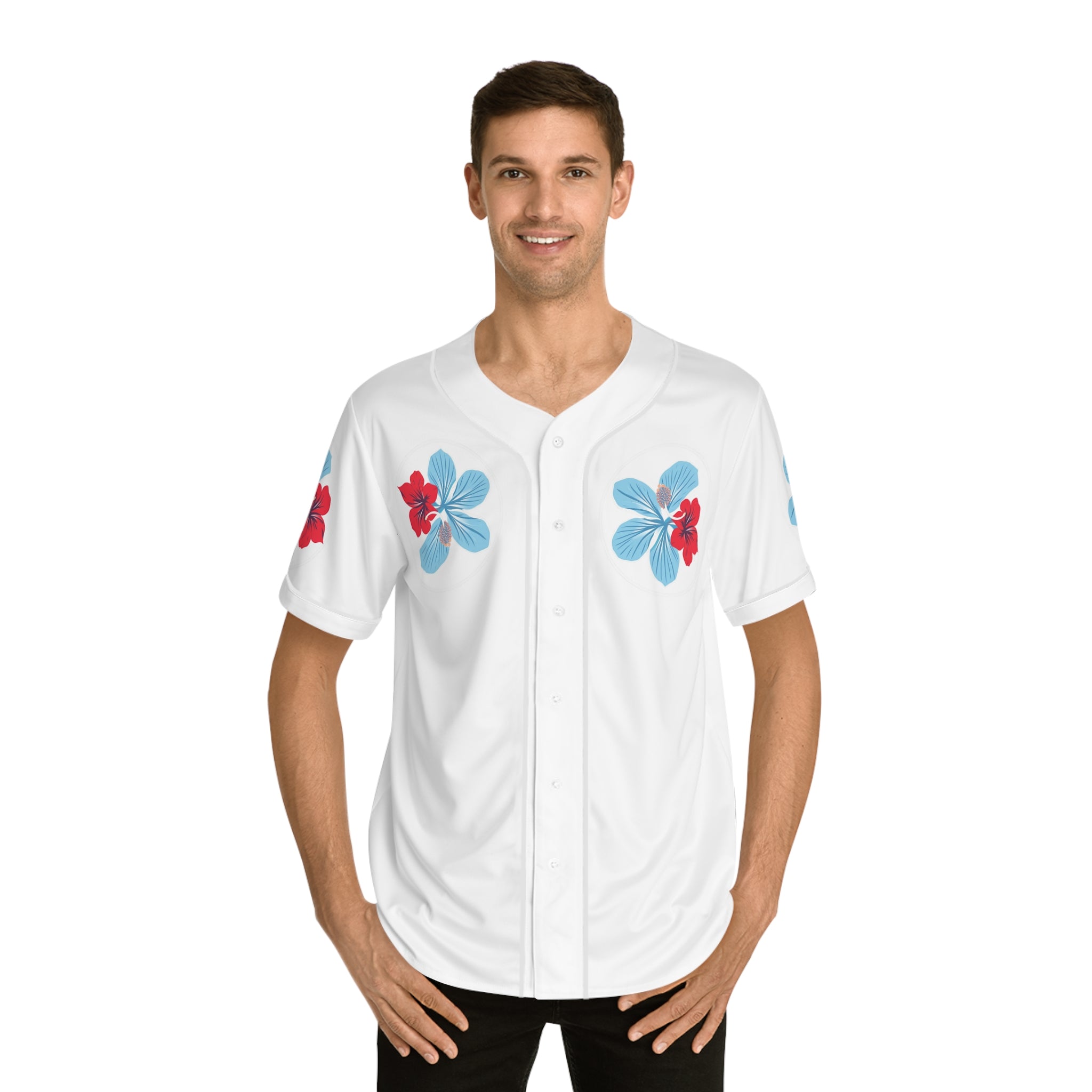 Puerto Rico Floral Baseball Jersey — "Azure" Blue and Red Tropical Hibiscus Jersey