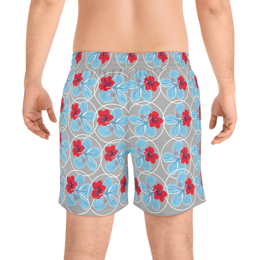 White / Azure Blue Tropical Hibiscus Swim Shorts — Men's Mid-Length Beach Trunks