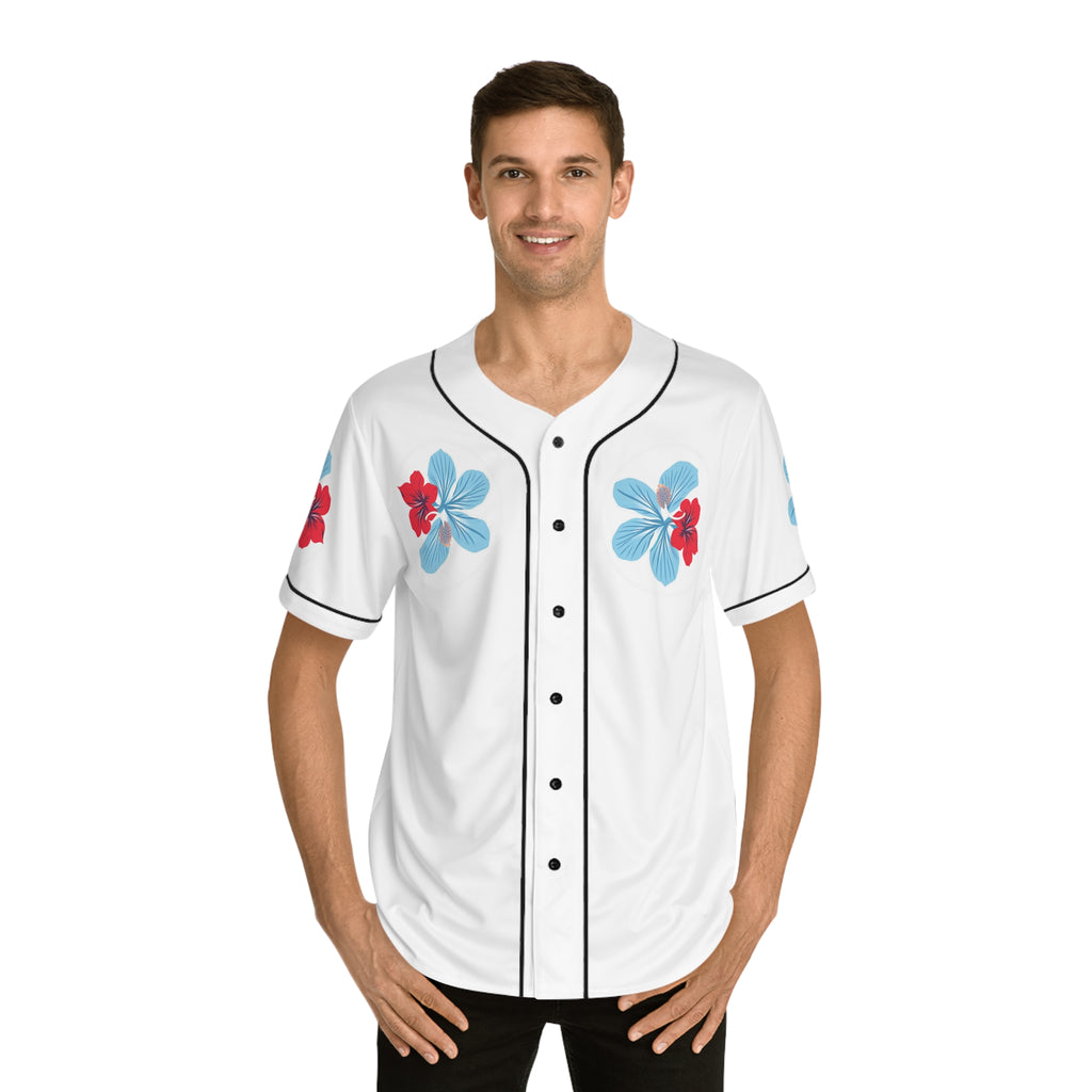Puerto Rico Floral Baseball Jersey — "Azure" Blue and Red Tropical Hibiscus Jersey