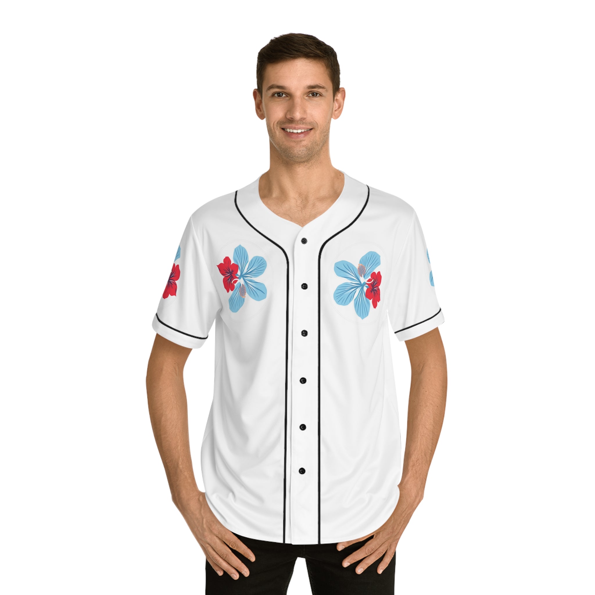 Puerto Rico Floral Baseball Jersey — "Azure" Blue and Red Tropical Hibiscus Jersey