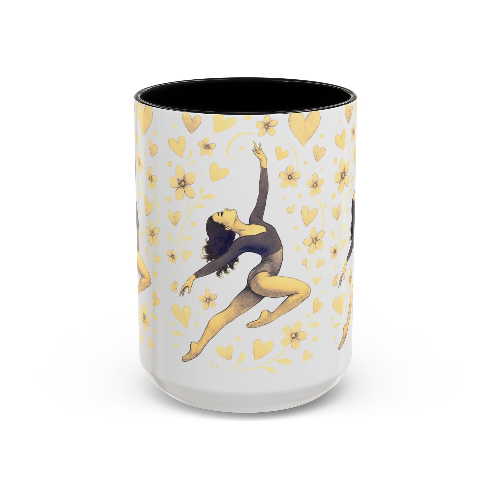 Ballet Dancer Accent Mug – Gold Hearts & Flowers Ceramic Coffee Cup (11/15oz)