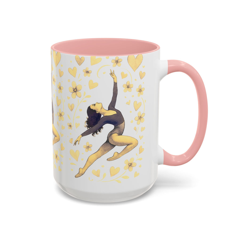 Ballet Dancer Accent Mug – Gold Hearts & Flowers Ceramic Coffee Cup (11/15oz)