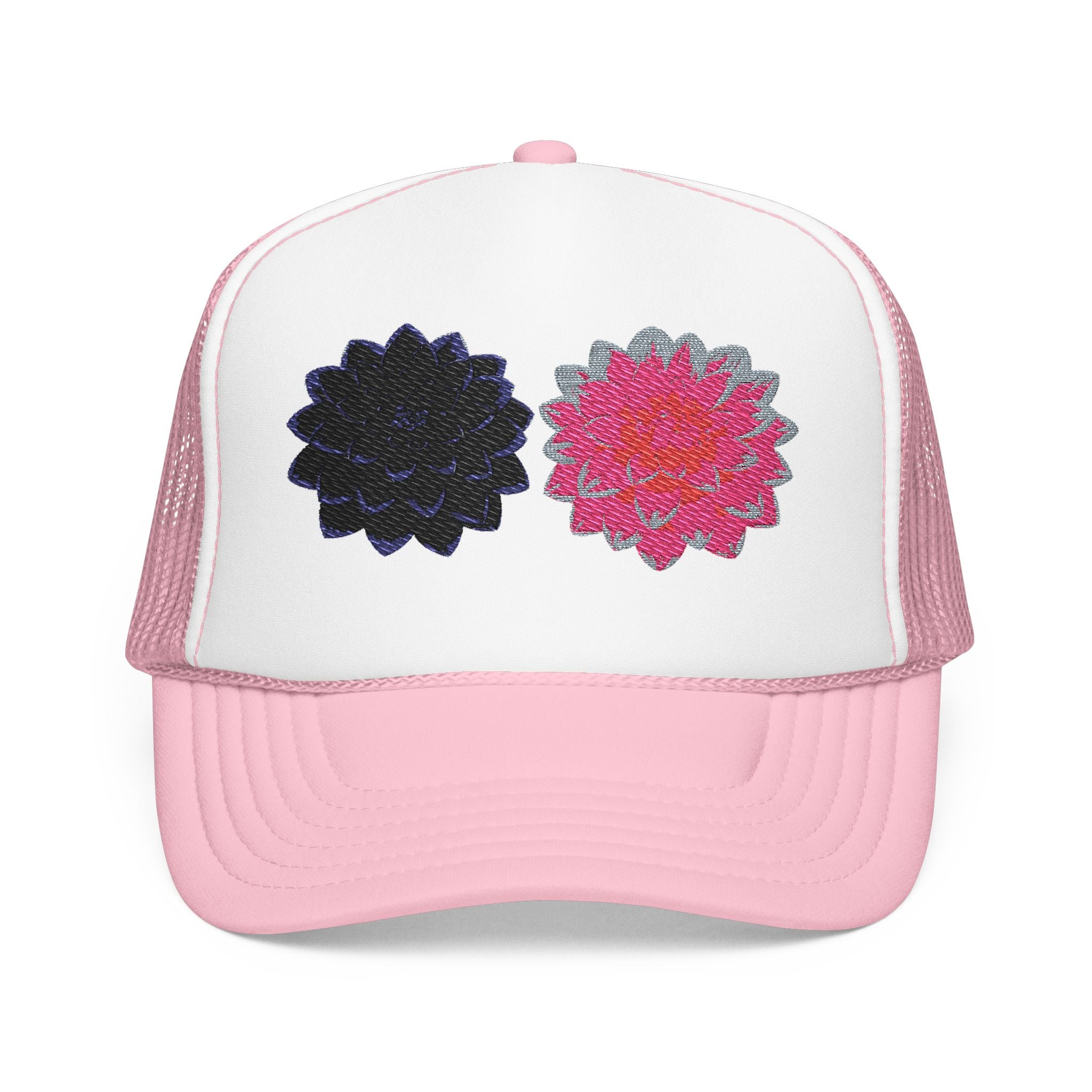 Embroidered Double Dahlia Trucker Hat — Pink & Black Floral Foam Cap