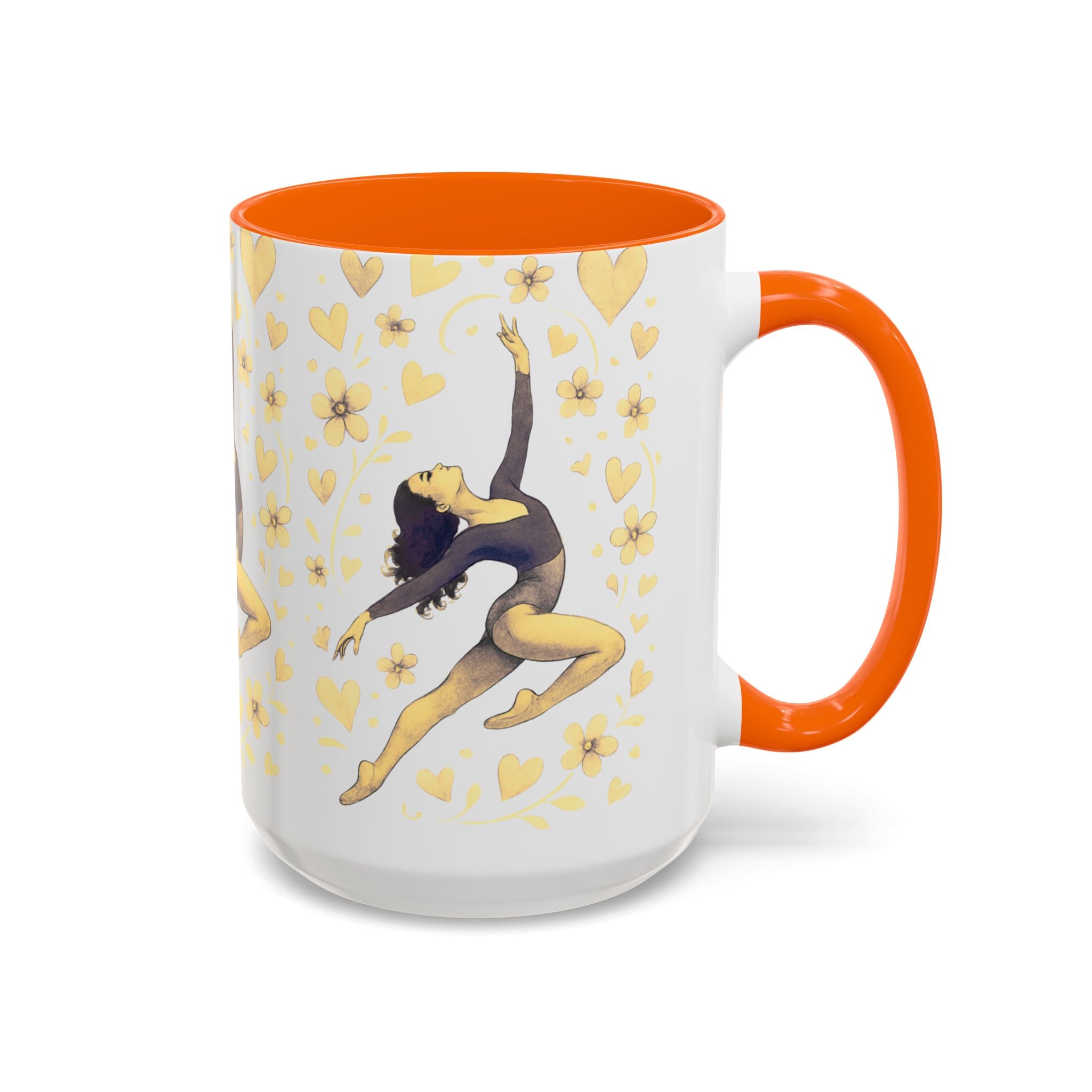 Ballet Dancer Accent Mug – Gold Hearts & Flowers Ceramic Coffee Cup (11/15oz)