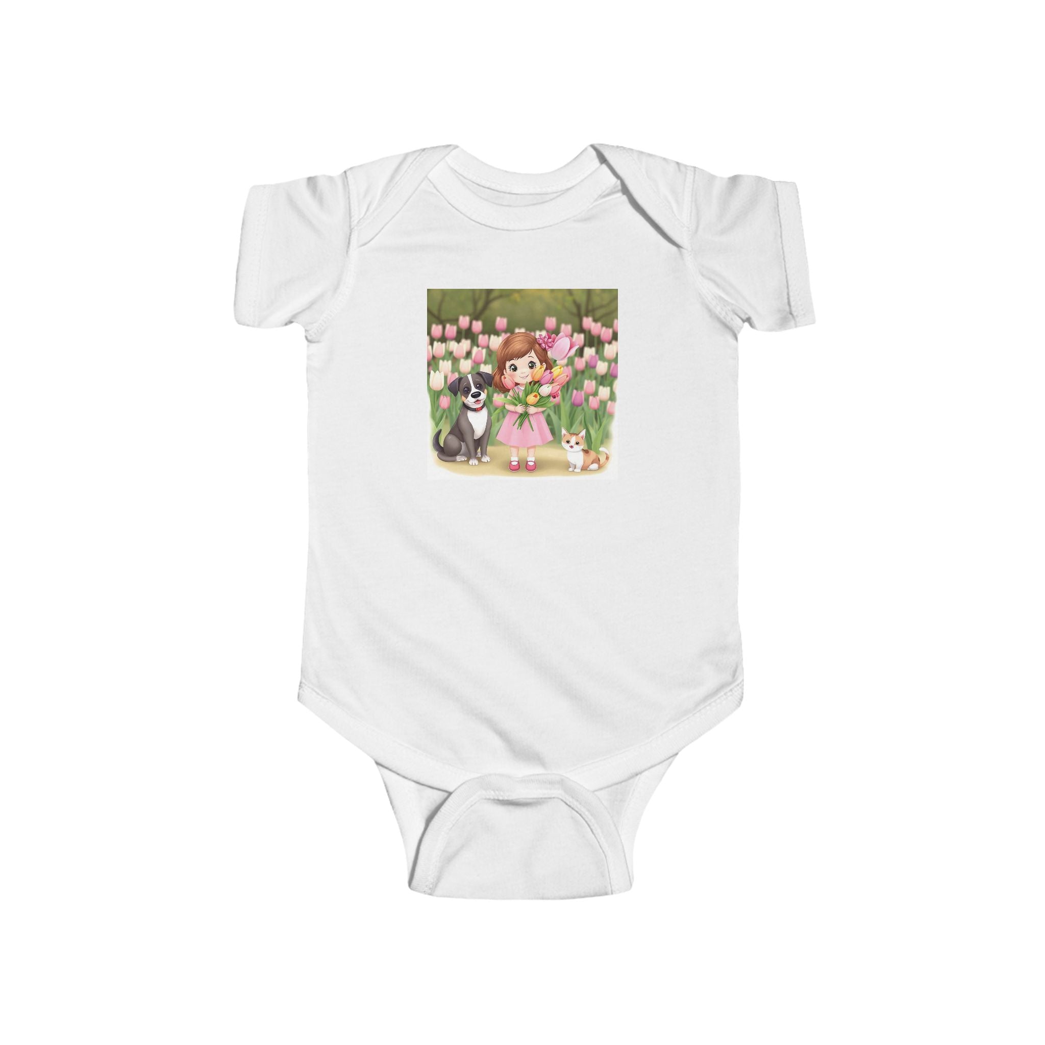 Girl Spring Baby Bodysuit - Spring Cat and Dog Bunny Infant One-Piece