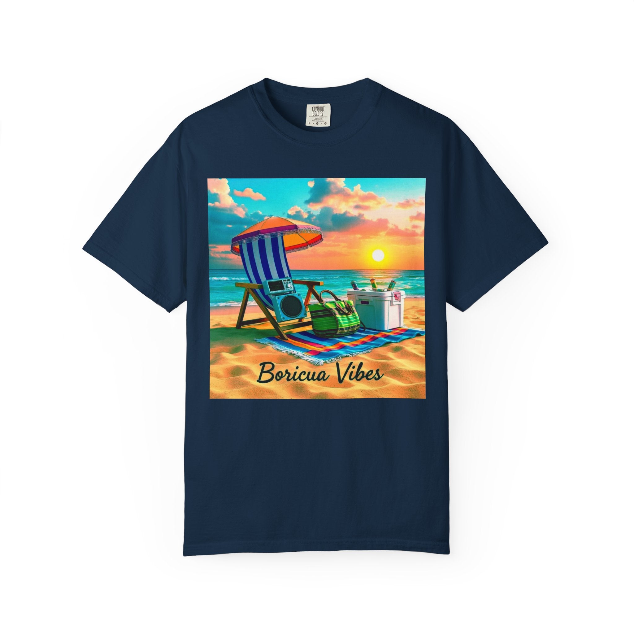 Boricua Vibes Beach T-Shirt — Puerto Rico Sunset Chair Graphic Tee