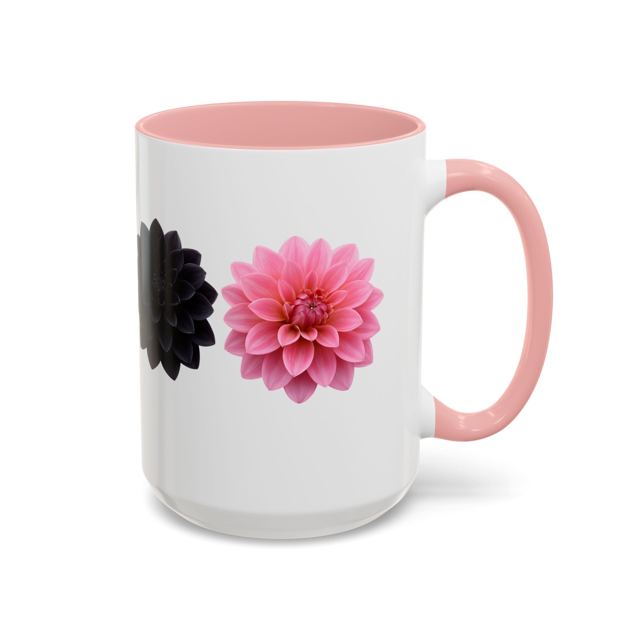 Pink & Black Dahlia Accent Coffee Mug — Floral 11/15oz Ceramic