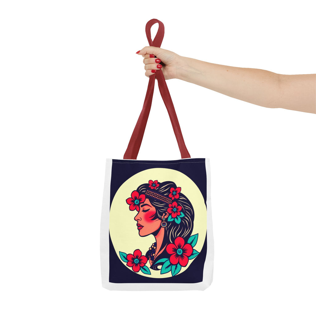Floral Boho Woman Tote Bag — Retro Floral Portrait All-Over Print Tote