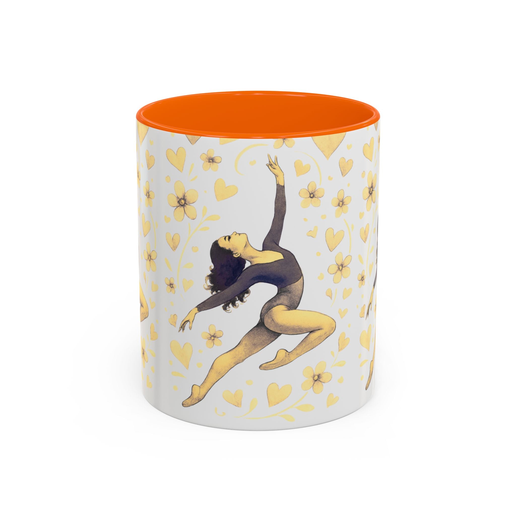 Ballet Dancer Accent Mug – Gold Hearts & Flowers Ceramic Coffee Cup (11/15oz)