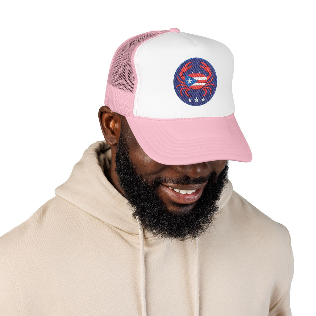 Embroidered Puerto Rico / Crab Trucker Hat — Coastal Mesh Foam Cap