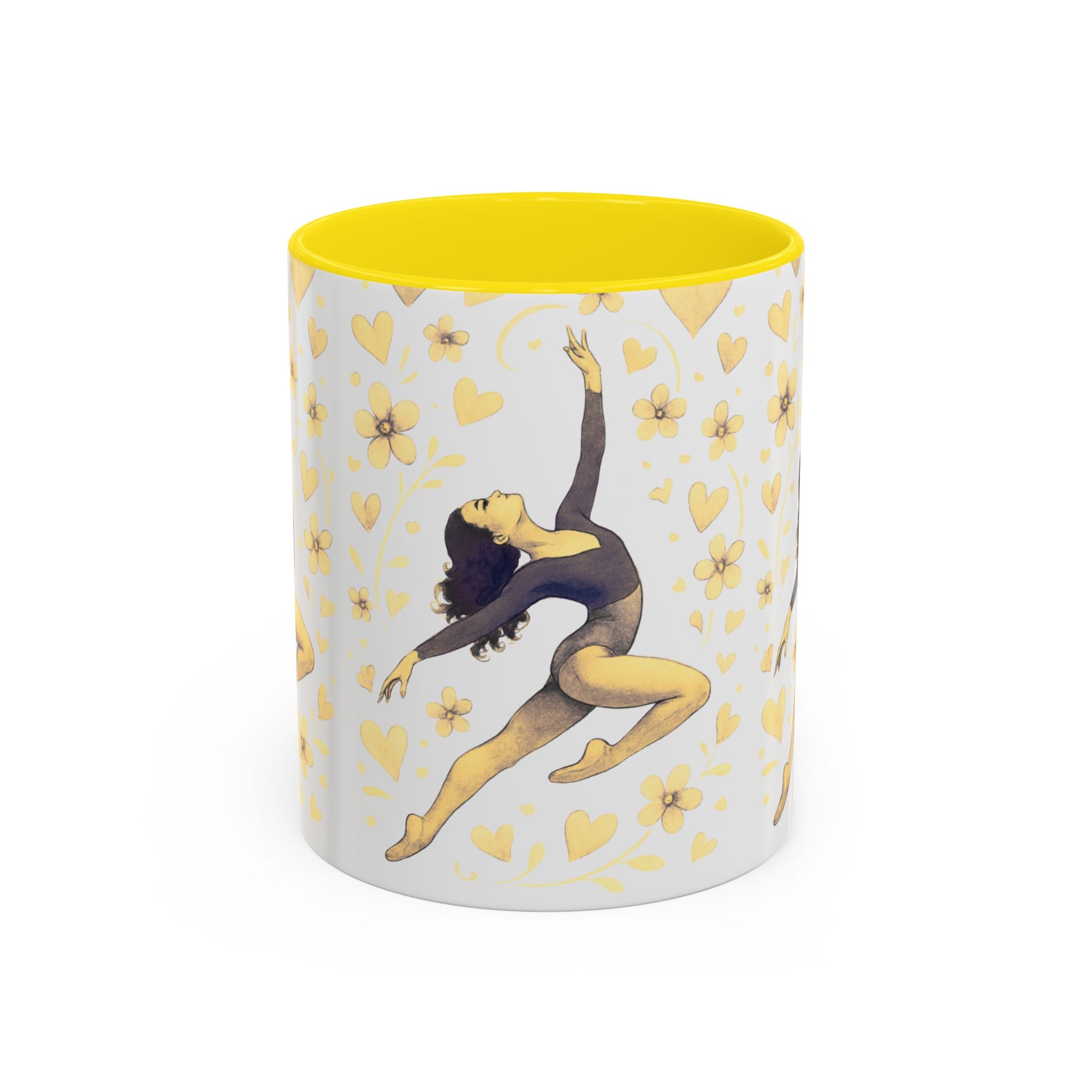 Ballet Dancer Accent Mug – Gold Hearts & Flowers Ceramic Coffee Cup (11/15oz)