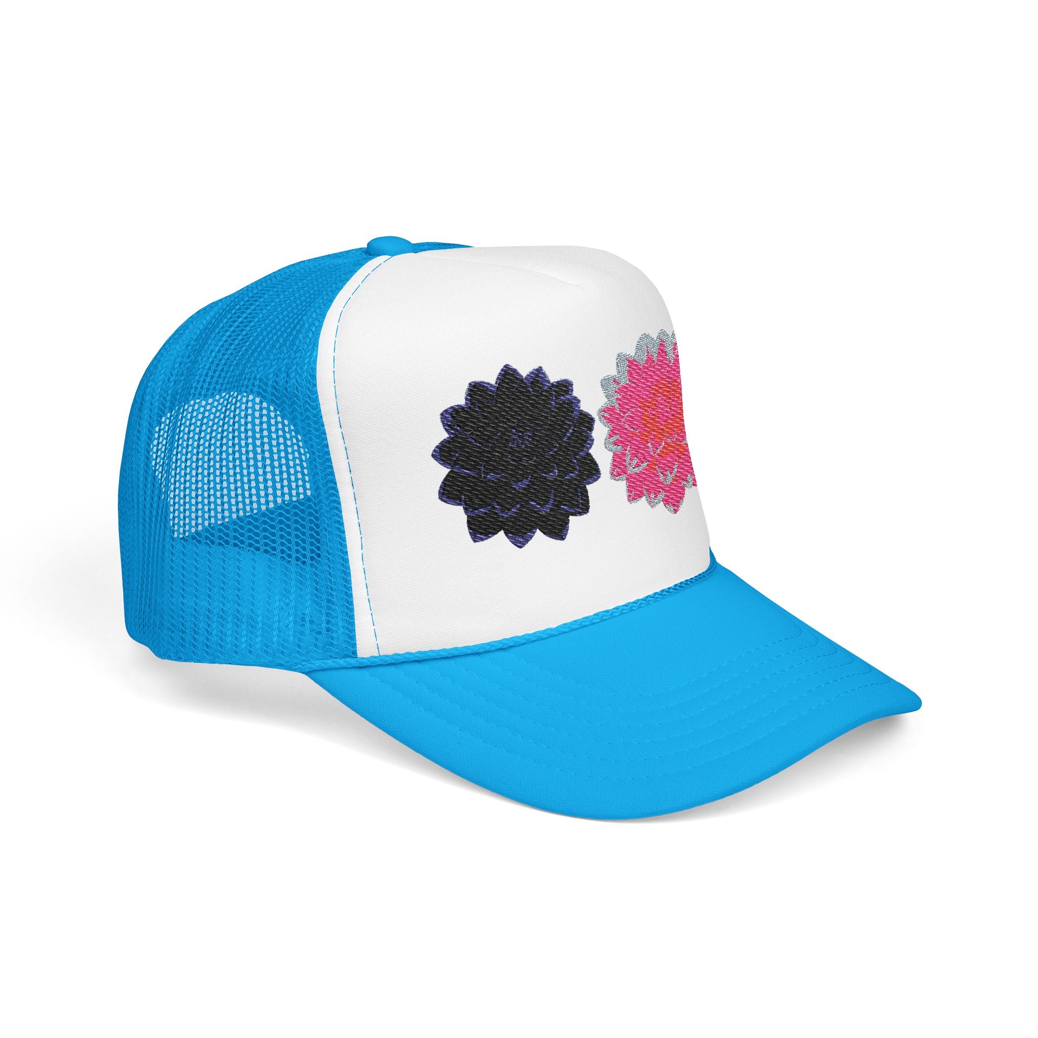 Embroidered Double Dahlia Trucker Hat — Pink & Black Floral Foam Cap