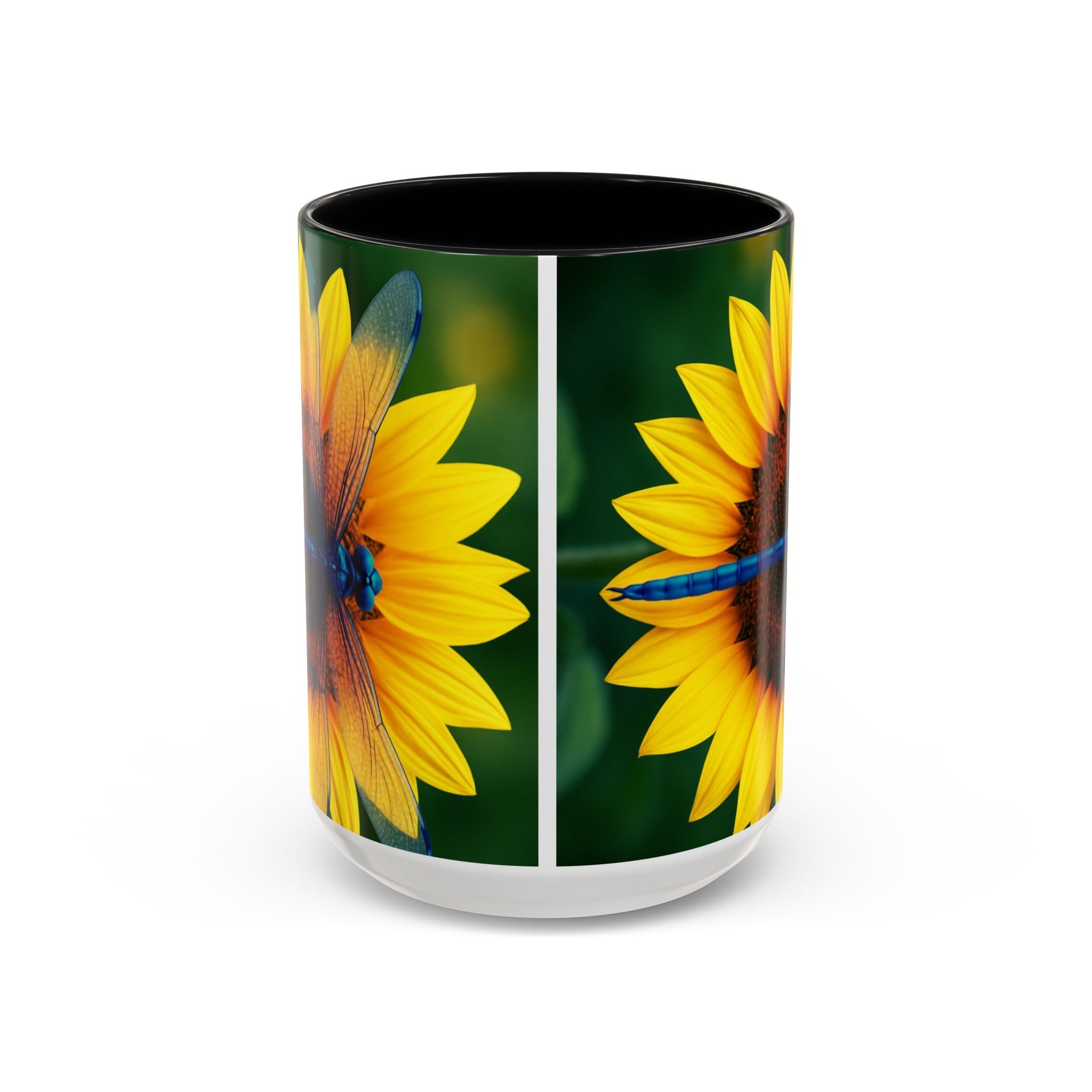 Sunflower & Dragonfly Accent Coffee Mug — Bright Floral Tea Cup (11/15oz)