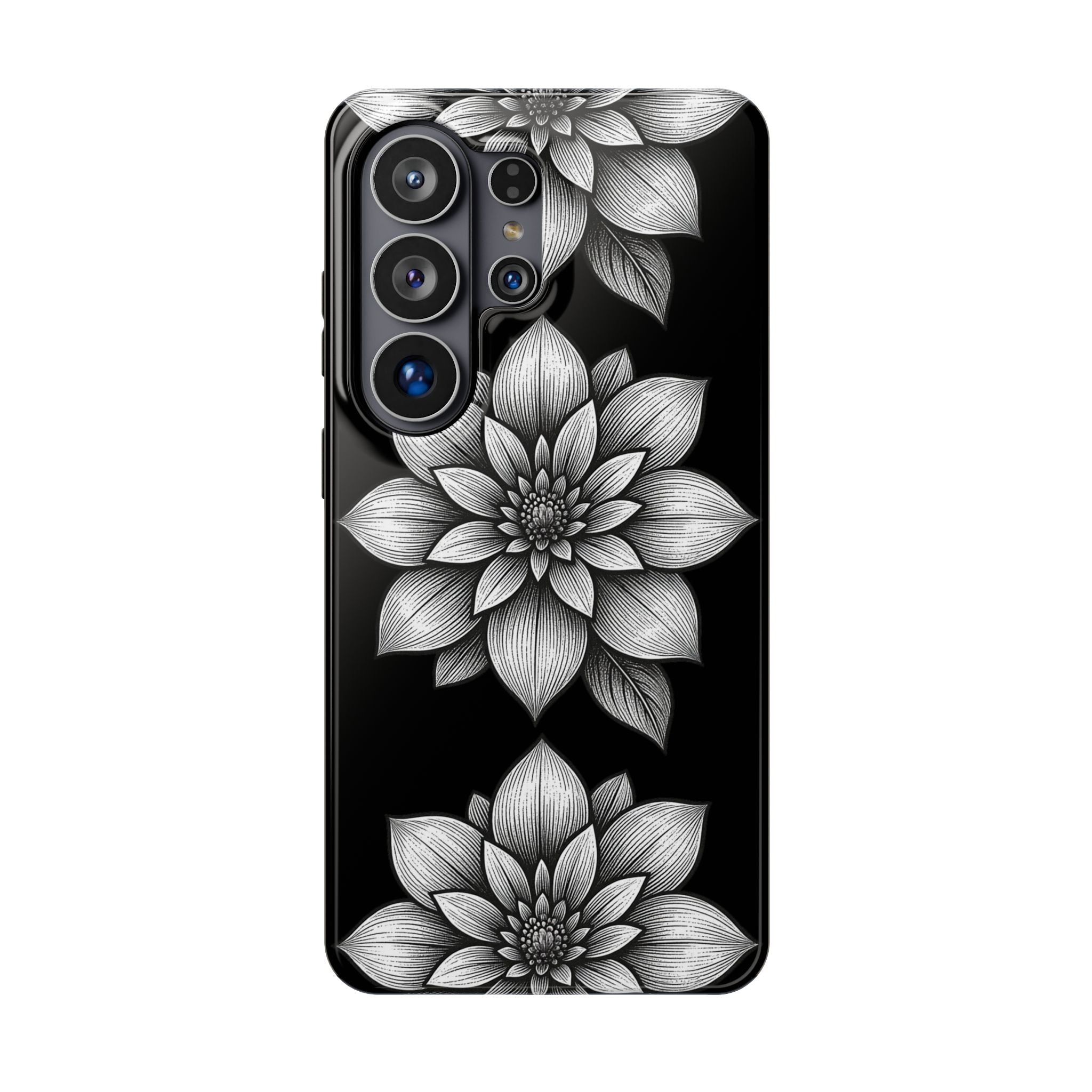 Magnetic Impact-Resistant Phone Case — Black & White Floral Dahlia Design S-26