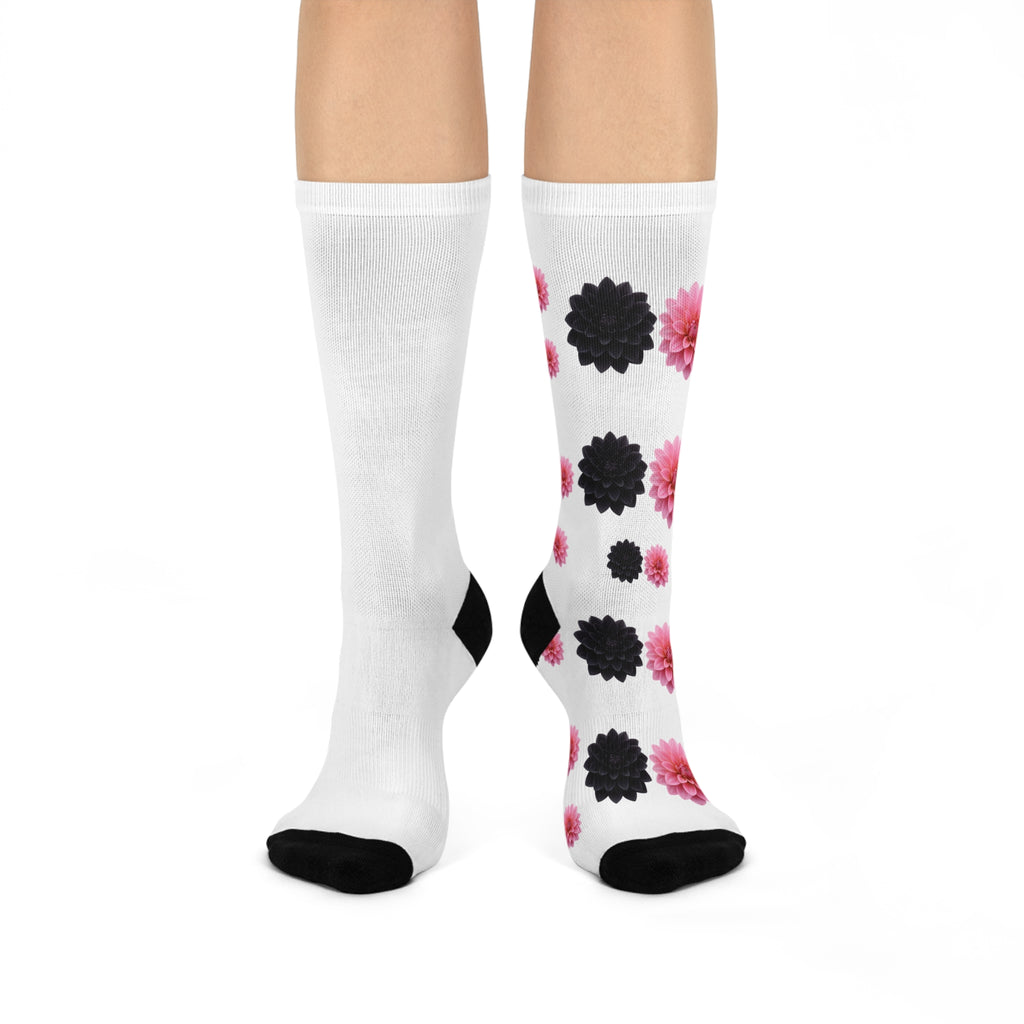 Pink & Black Floral Crew Socks — Cushioned Comfort Socks with Dahlia Pattern