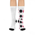 Pink & Black Floral Crew Socks — Cushioned Comfort Socks with Dahlia Pattern