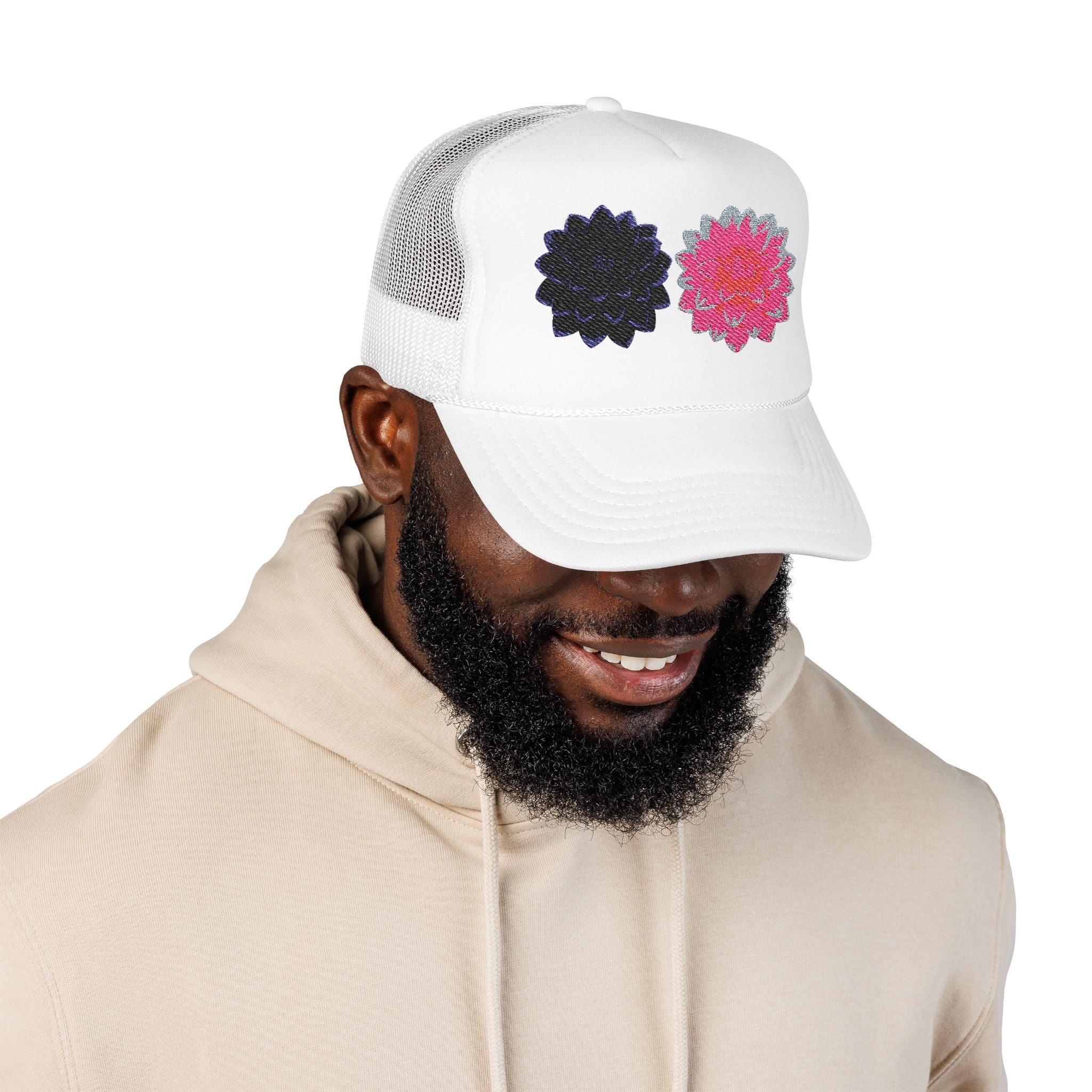 Embroidered Double Dahlia Trucker Hat — Pink & Black Floral Foam Cap