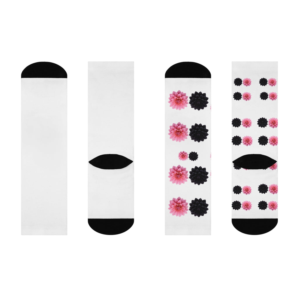 Pink & Black Floral Crew Socks — Cushioned Comfort Socks with Dahlia Pattern