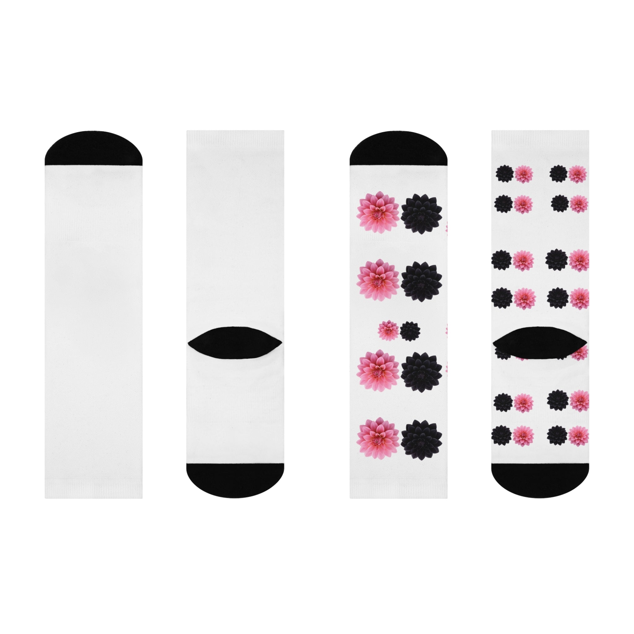 Pink & Black Floral Crew Socks — Cushioned Comfort Socks with Dahlia Pattern