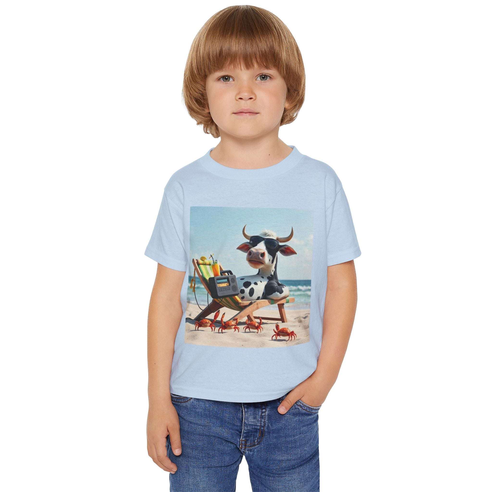 Beach Cow Toddler T‑Shirt — Cute Cow on Beach with Crabs Kids Tee