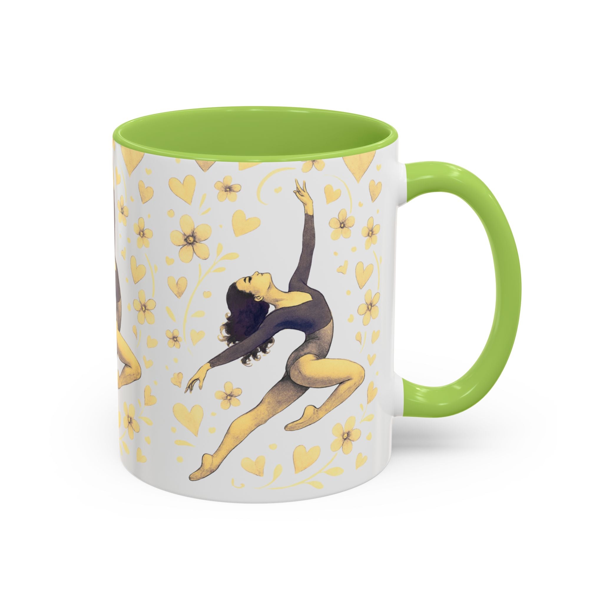 Ballet Dancer Accent Mug – Gold Hearts & Flowers Ceramic Coffee Cup (11/15oz)