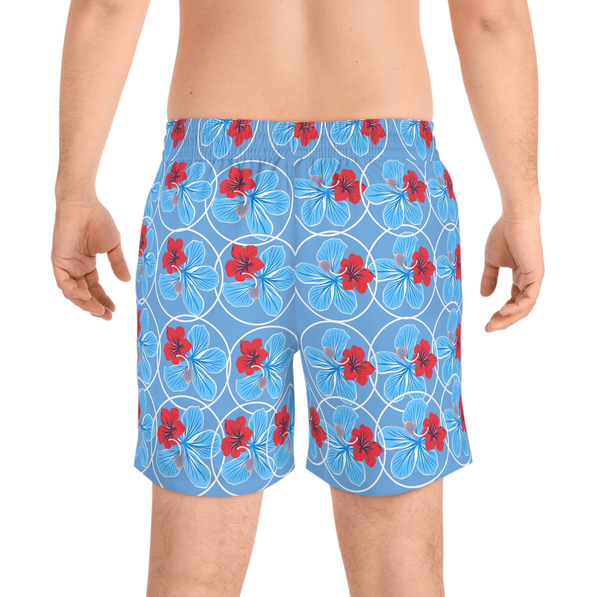 Men's Floral Swim Shorts — Red & Blue Flower Print Mid-Length Trunks