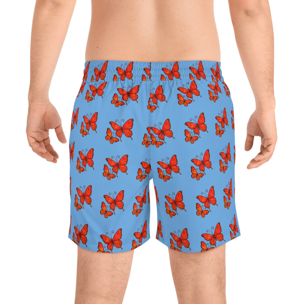 Men's Mid-Length Swim Shorts — Red Butterfly Pattern 95% polyester, 5% spandex