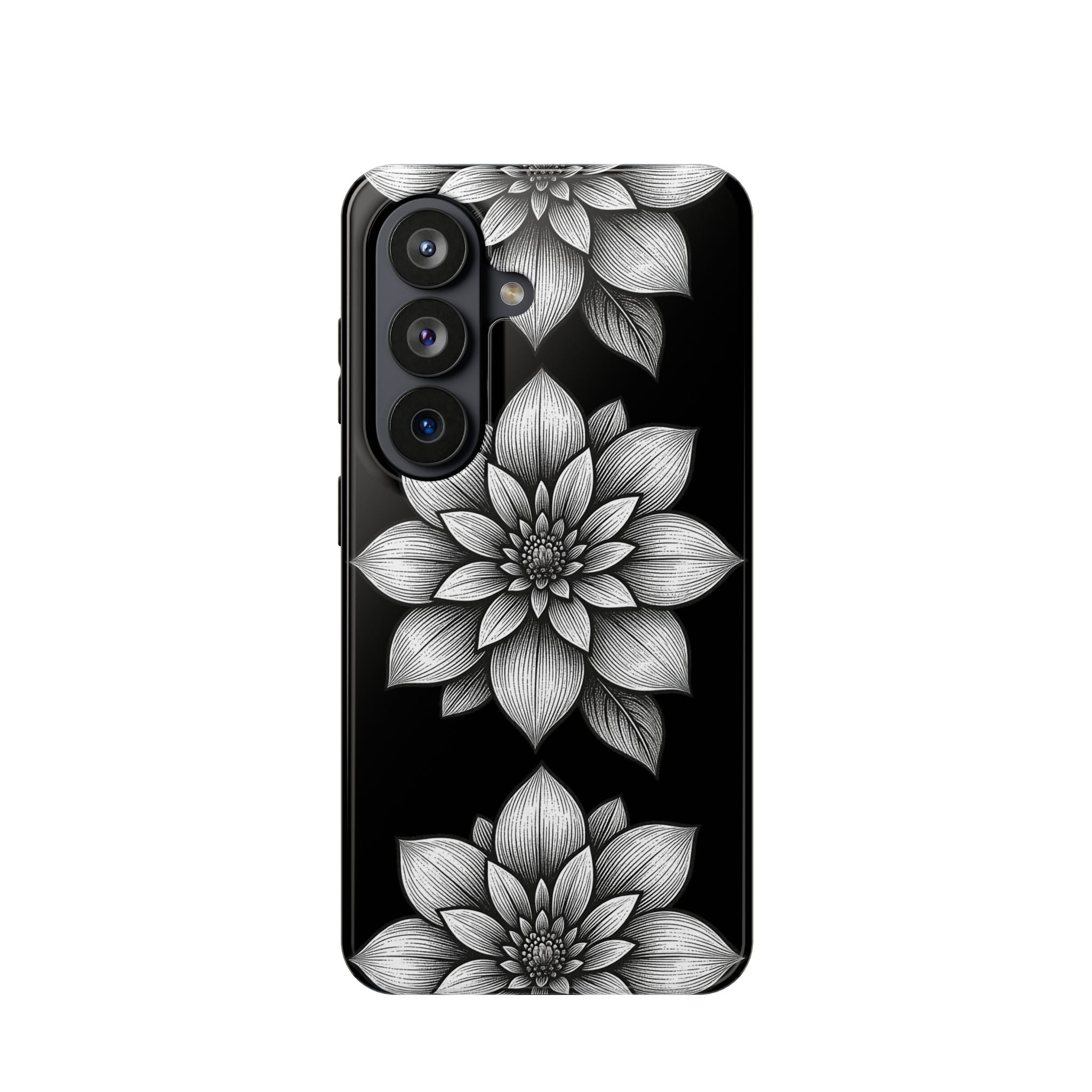 Magnetic Impact-Resistant Phone Case — Black & White Floral Dahlia Design S-26