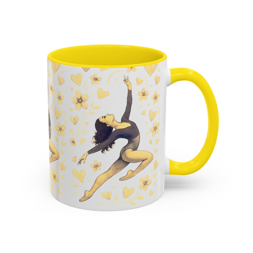 Ballet Dancer Accent Mug – Gold Hearts & Flowers Ceramic Coffee Cup (11/15oz)