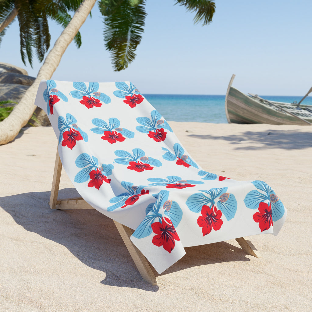 Beach Towel - "Azure" Blue & Red Hibiscus Pattern