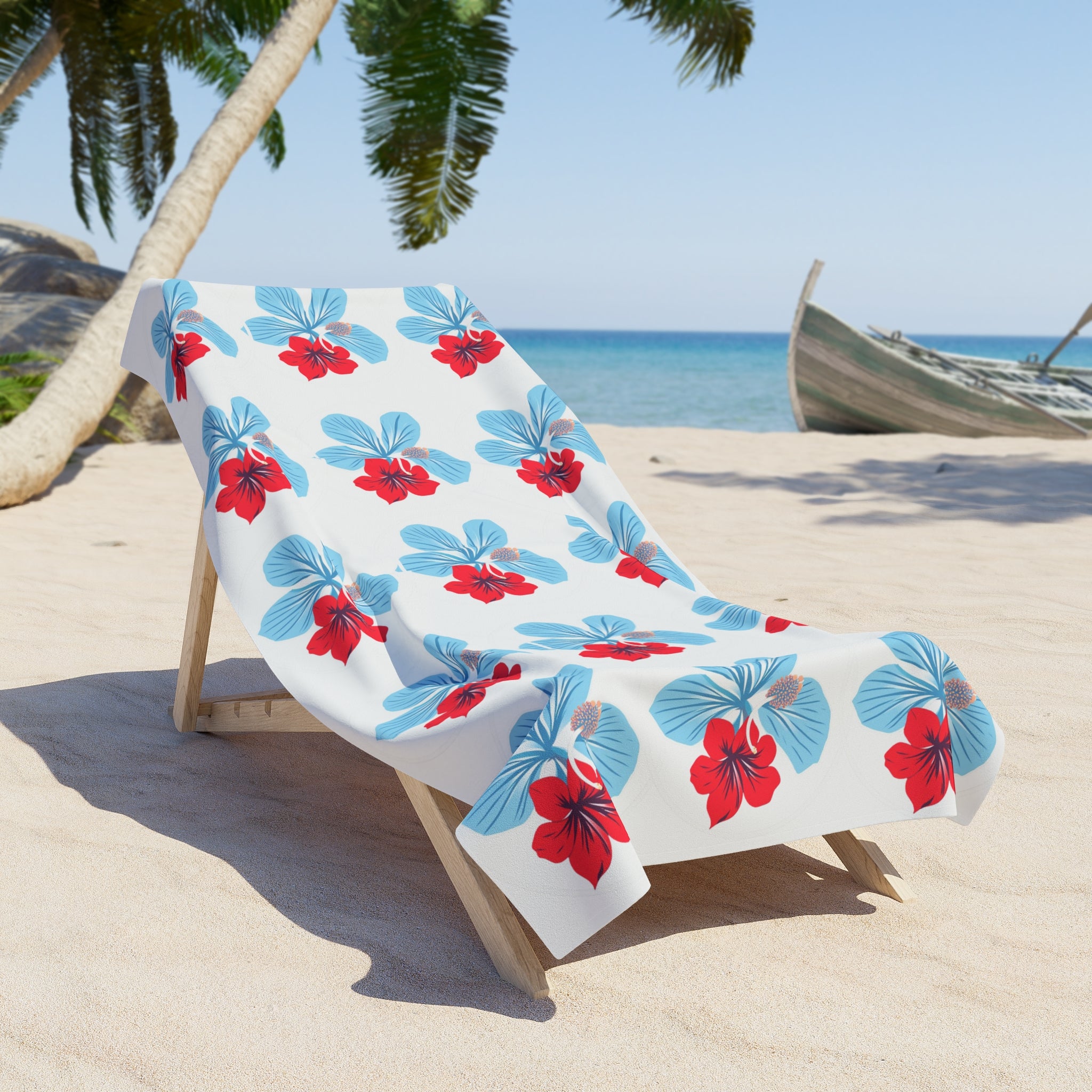 Beach Towel - "Azure" Blue & Red Hibiscus Pattern