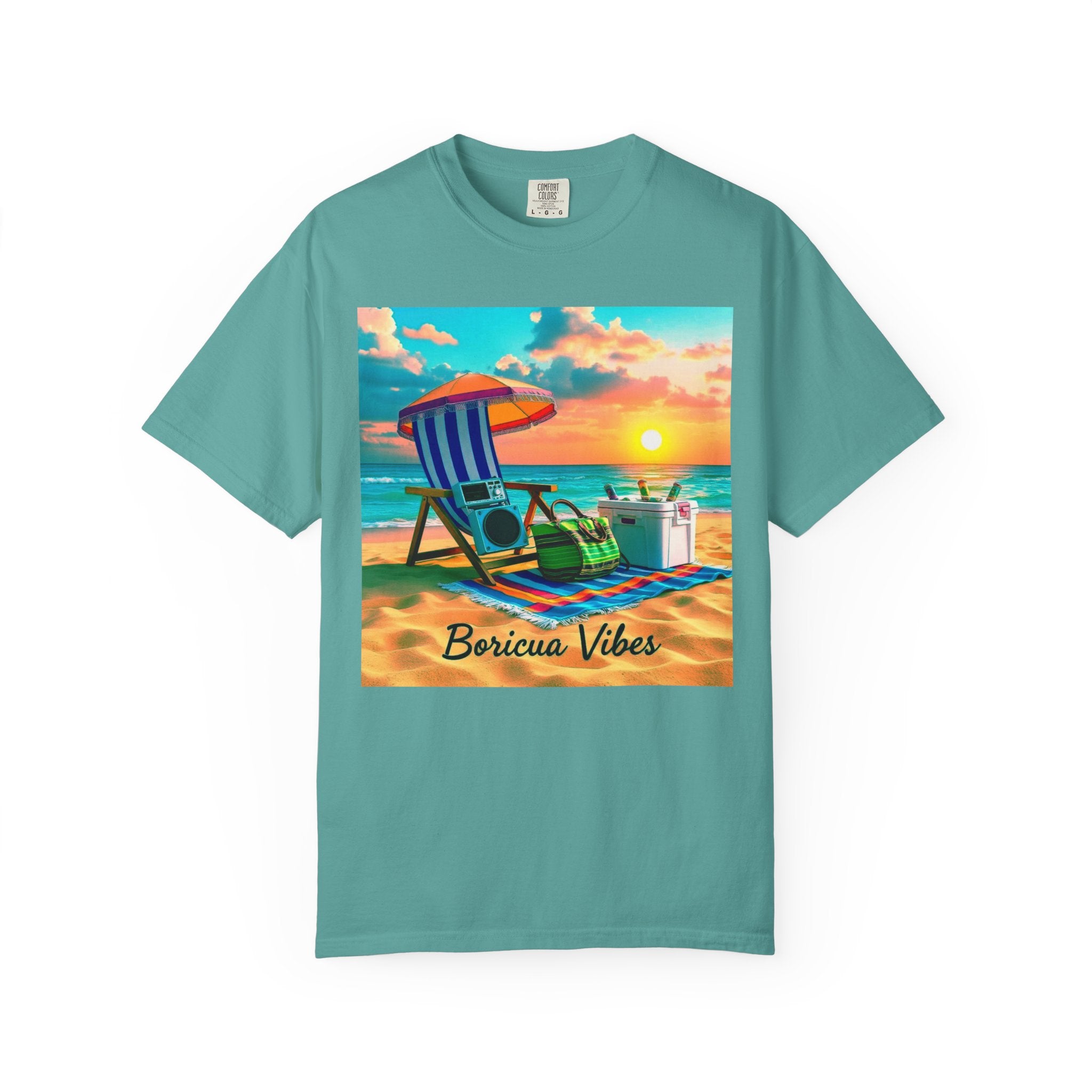 Boricua Vibes Beach T-Shirt — Puerto Rico Sunset Chair Graphic Tee