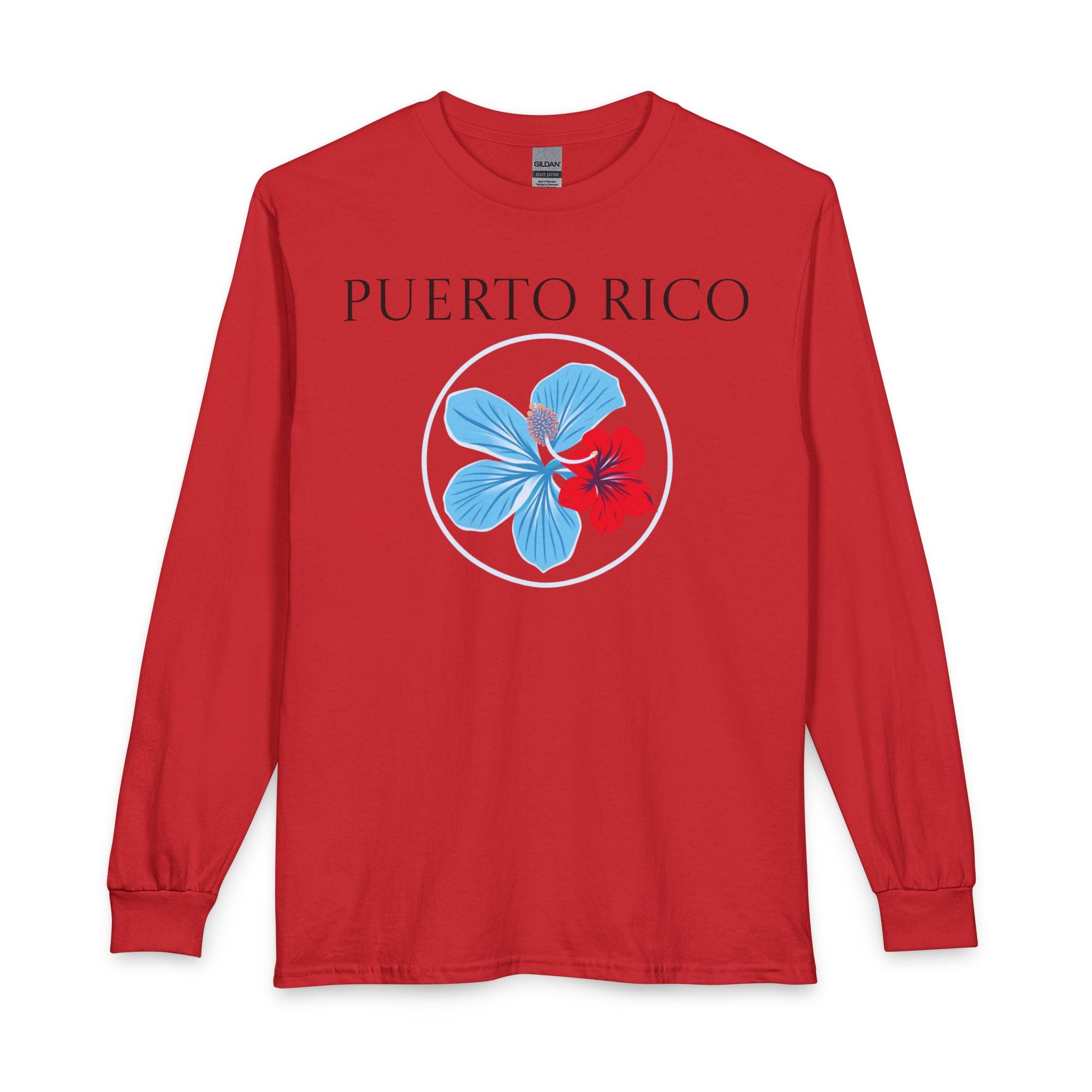 Red, White and "Azure" Blue Hibiscus Long Sleeve T-Shirt | Puerto Rico Love