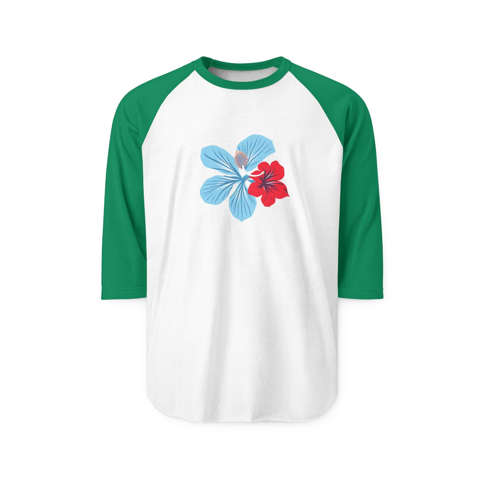 Hibiscus Floral Raglan Shirt — "Azure" Blue & Red Flower Baseball Tee