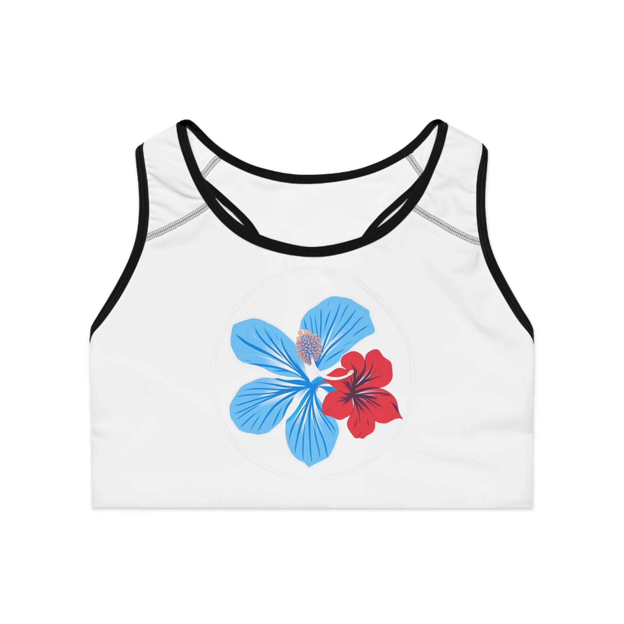Floral Hibiscus Sports Bra — Blue & Red Tropical Print