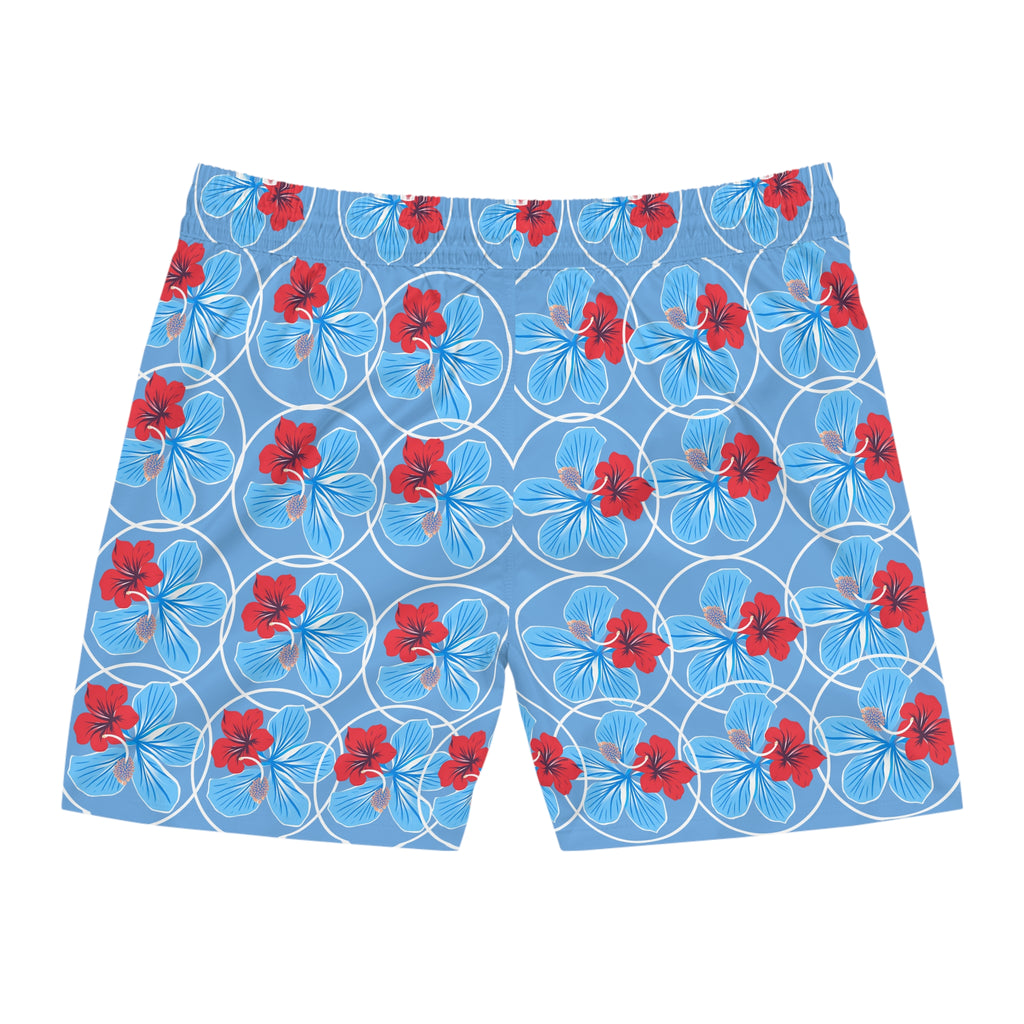 Men's Floral Swim Shorts — Red & Blue Flower Print Mid-Length Trunks