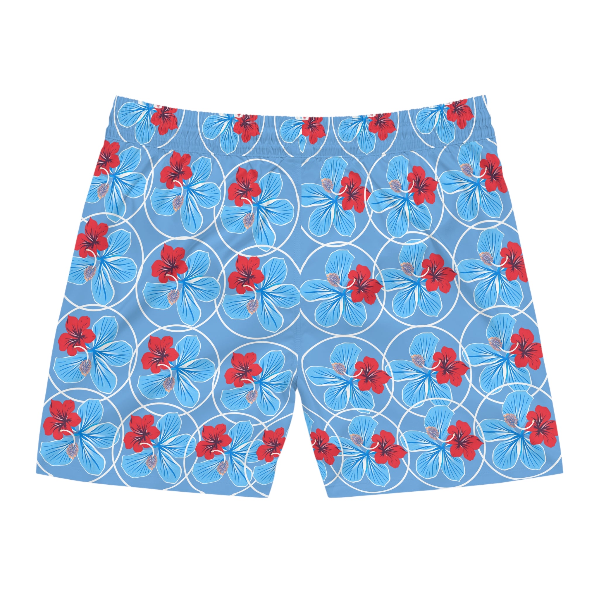 Men's Floral Swim Shorts — Red & Blue Flower Print Mid-Length Trunks