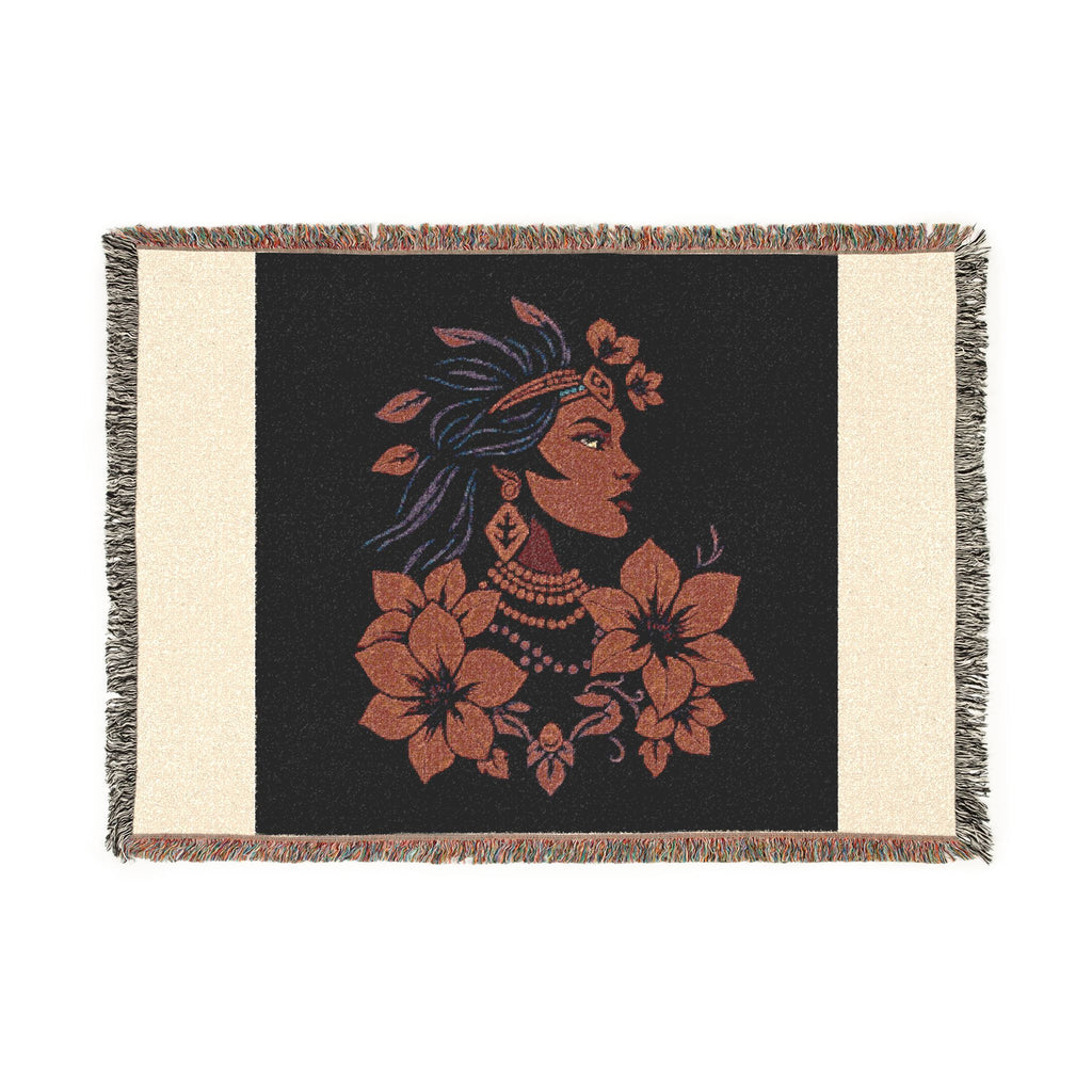 Tropical Floral Woman Woven Blanket | Floral Portrait Throw