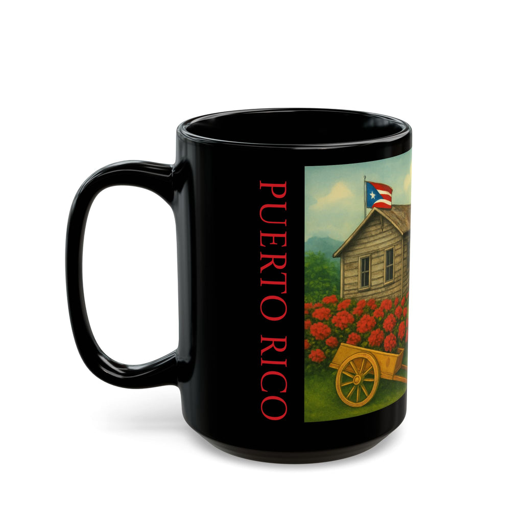 Puerto Rico Scenic Cabin Black Mug – Rustic Island Landscape Coffee Cup (11oz, 15oz)